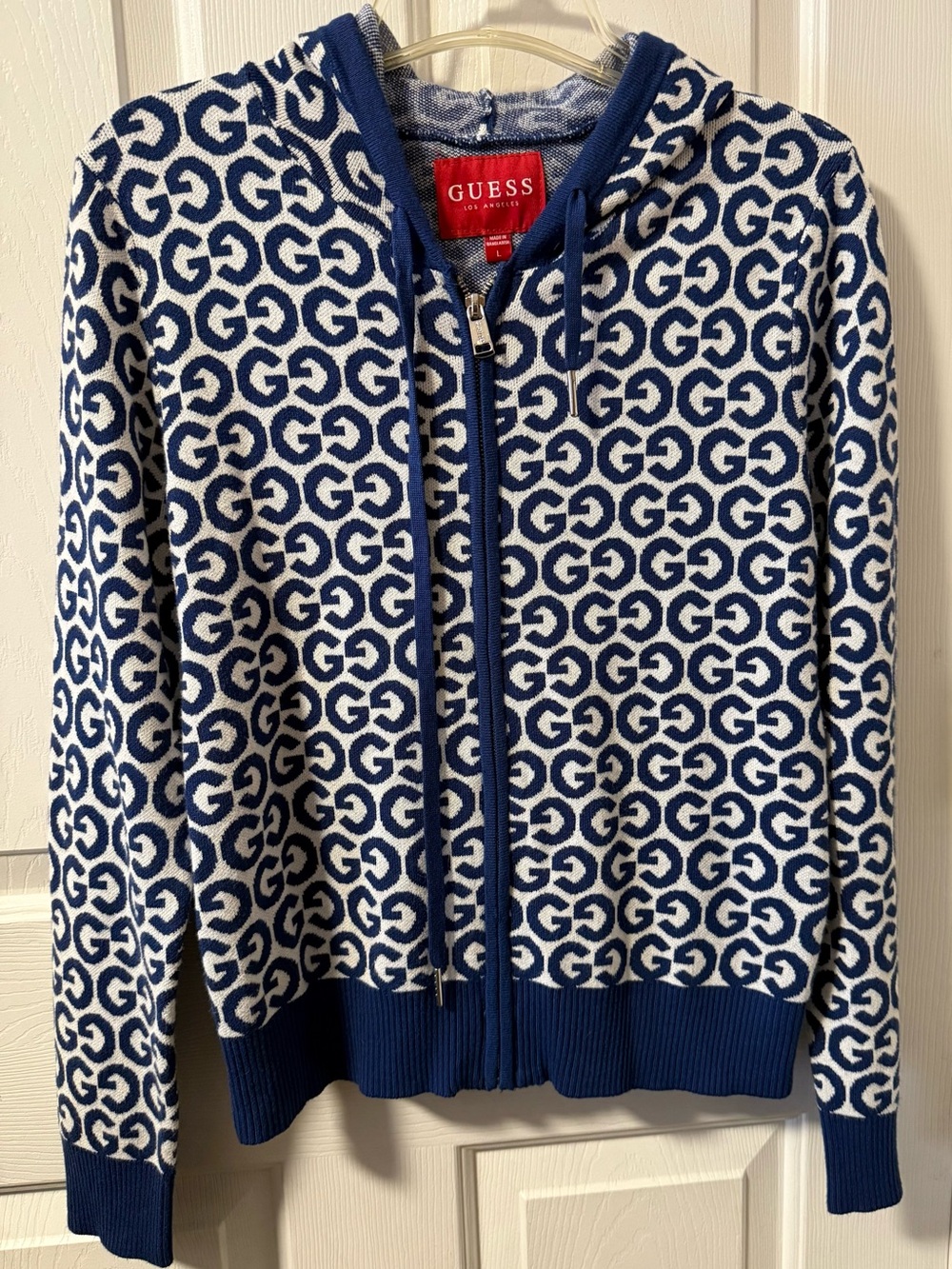 💙 GUESS Monogram Logo Full Zip Hooded Sweater Jacket Navy White
